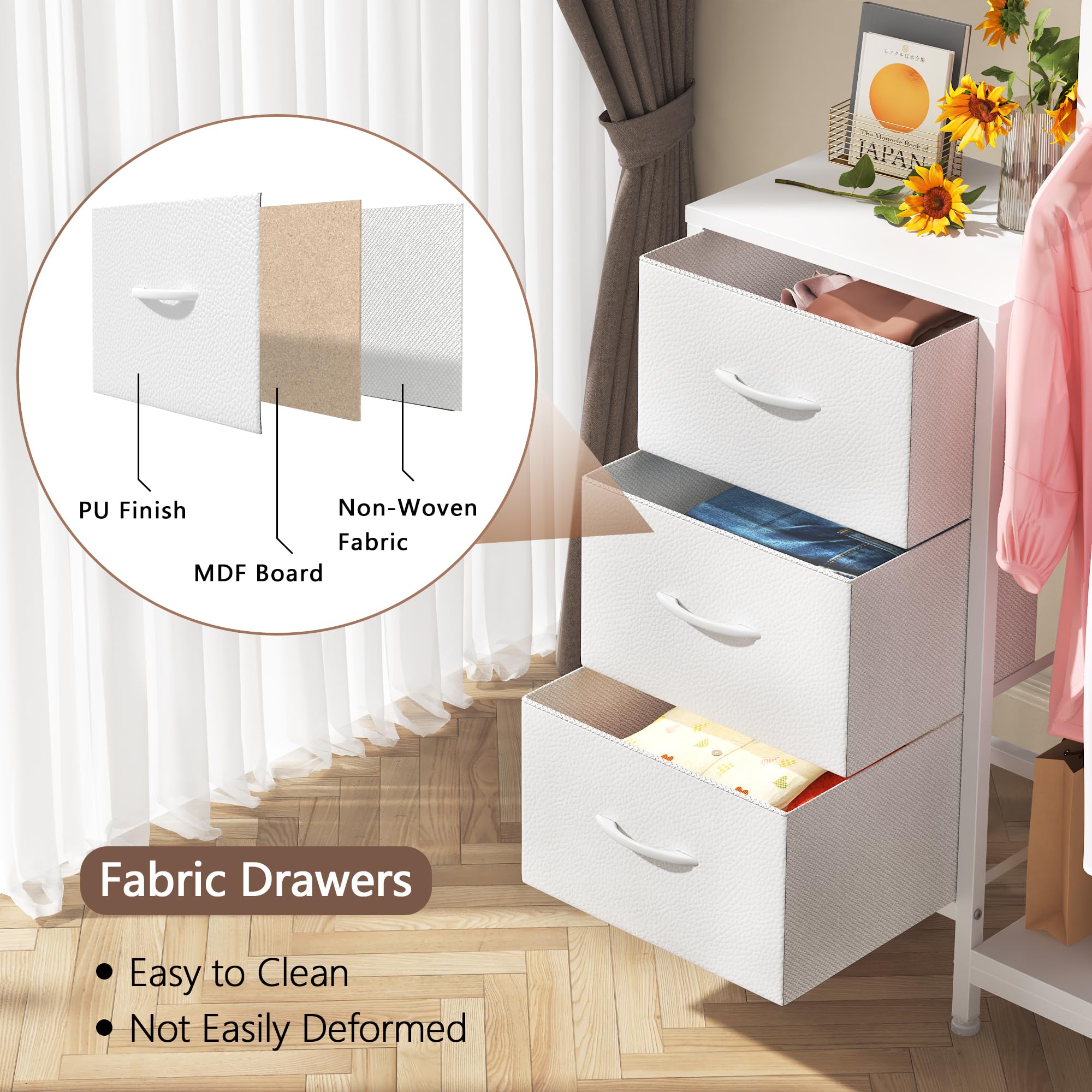 Adjustable feet on AFLUI dresser protect floors and level on uneven surfaces.