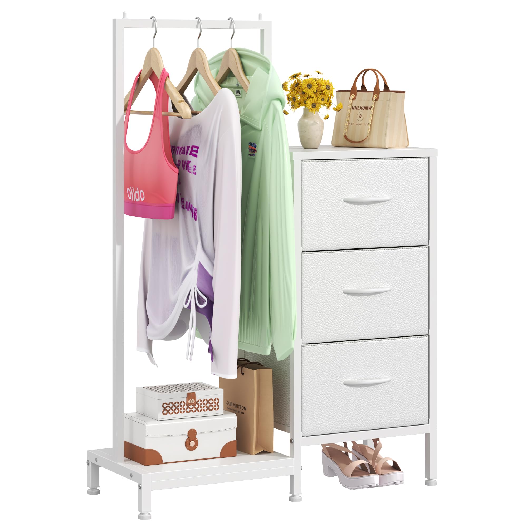 AFLUI dresser shows an organized closet setup with visible rack and drawers.