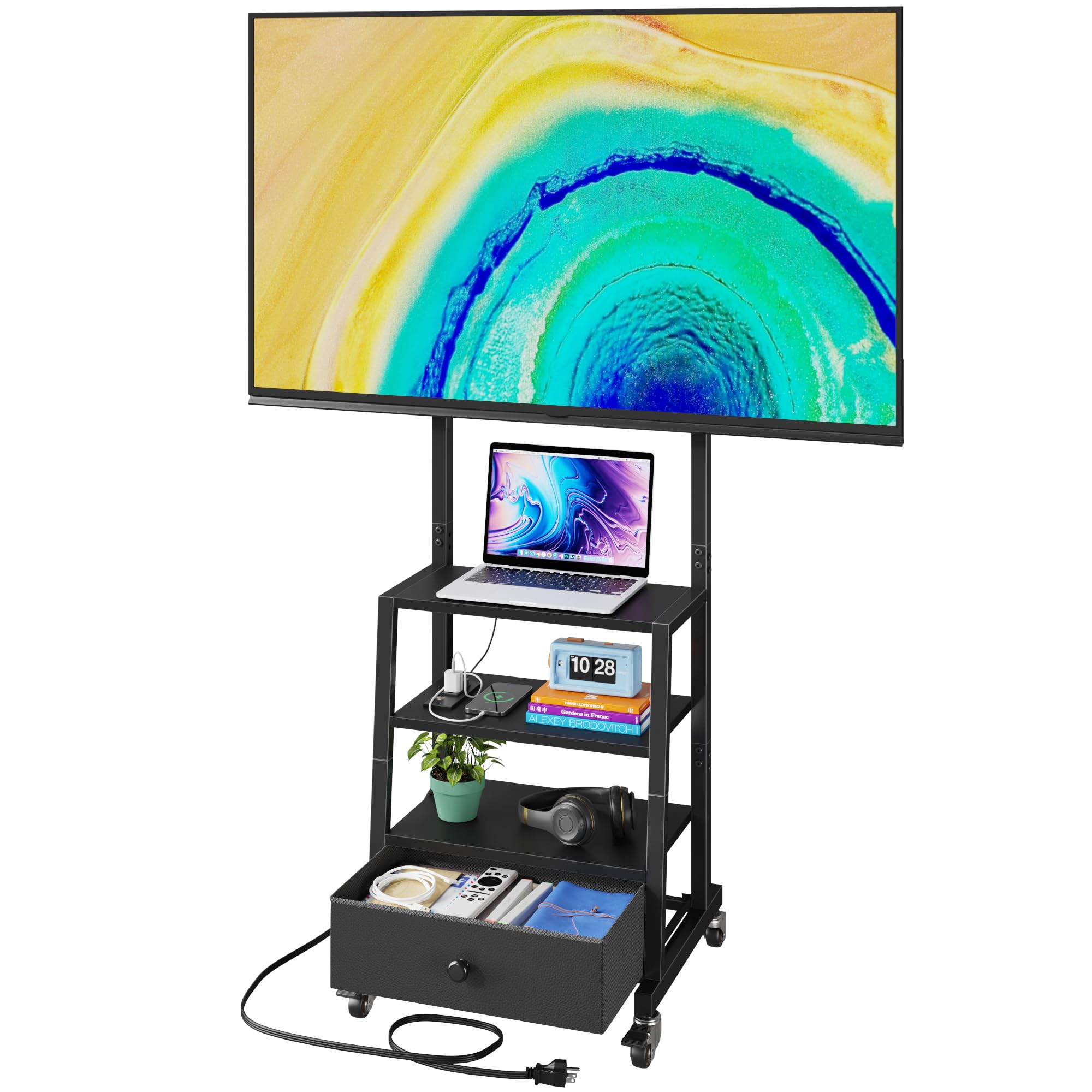 AFLUI rolling TV stand with wheels and mount for flexible living room viewing.