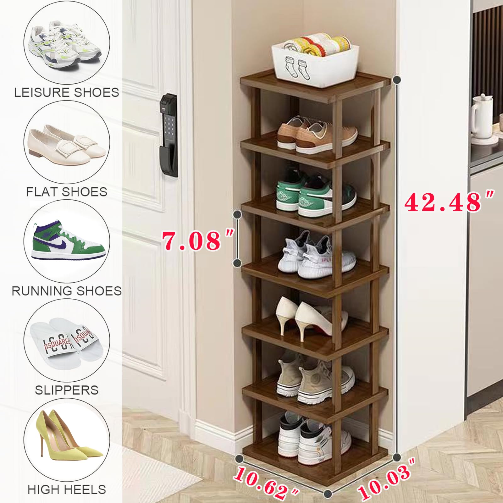 AFOORD 7-tier bamboo shelf assembly illustrating easy DIY setup