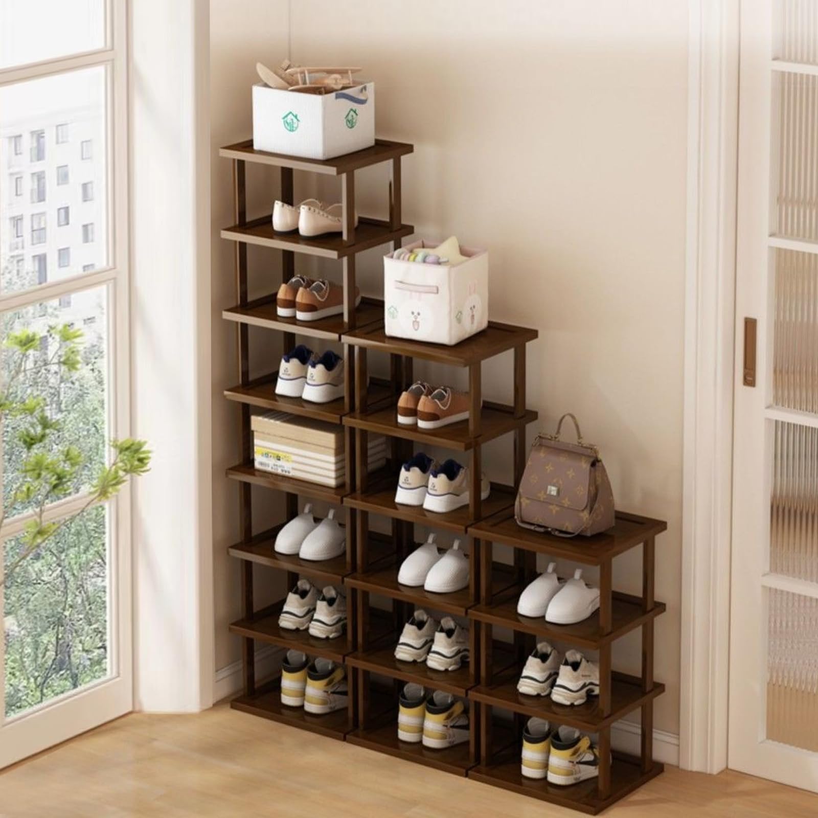 AFOORD tall narrow shoe rack in closet showcasing organized footwear