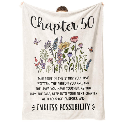 Afterprints Chapter 50 blanket features flowers and butterflies for a celebratory birthday moment