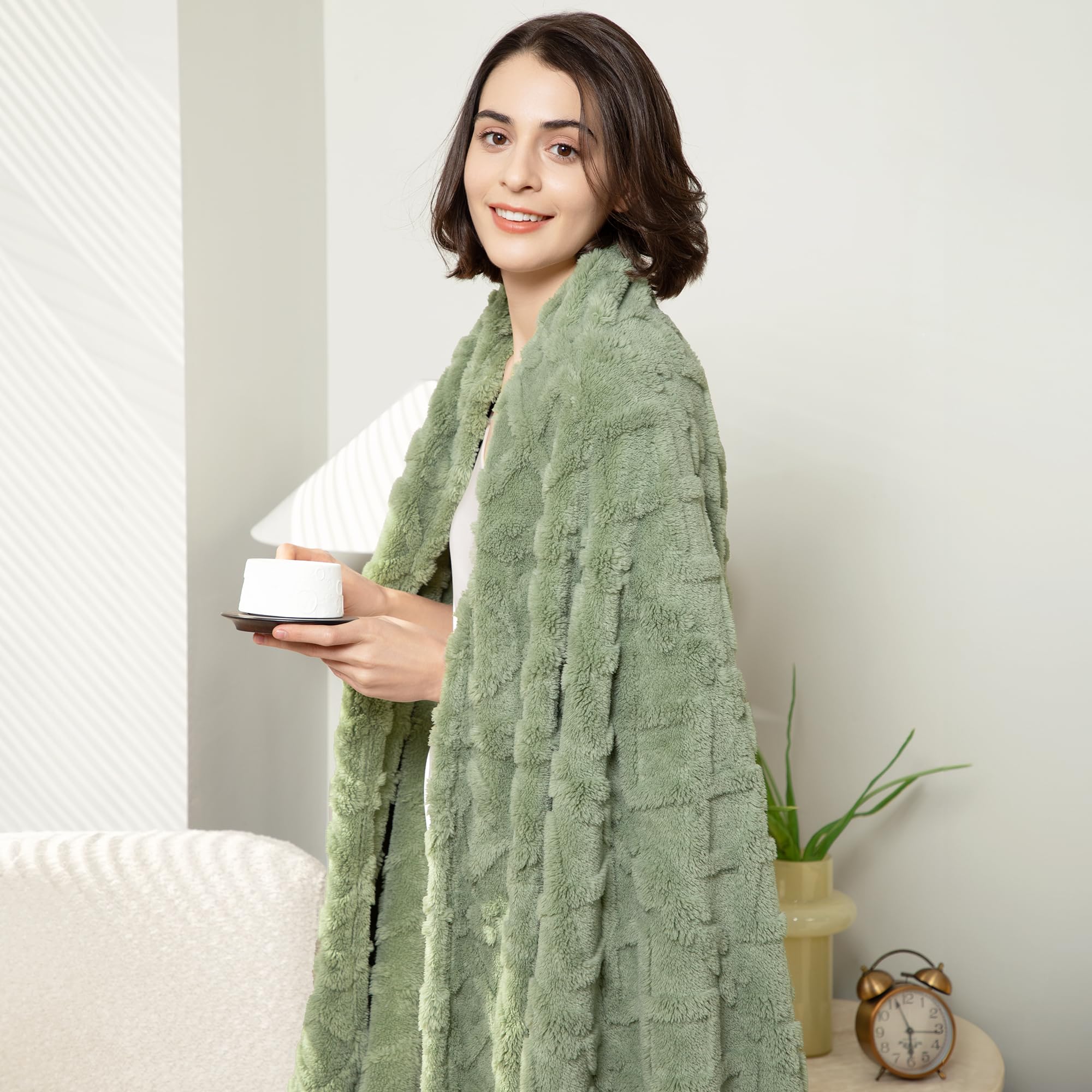 Aganear Flannel Throw Blanket sage green swatch complements decor
