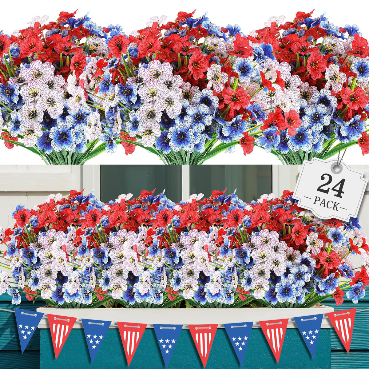 AGIRL 24-bundles red white blue outdoor flowers for porch with year-round color