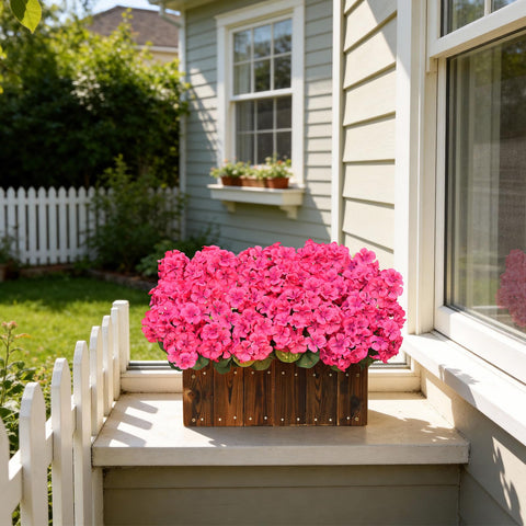 AGIRL Rose Red artificial geranium bundle in outdoor setup for patio styling.