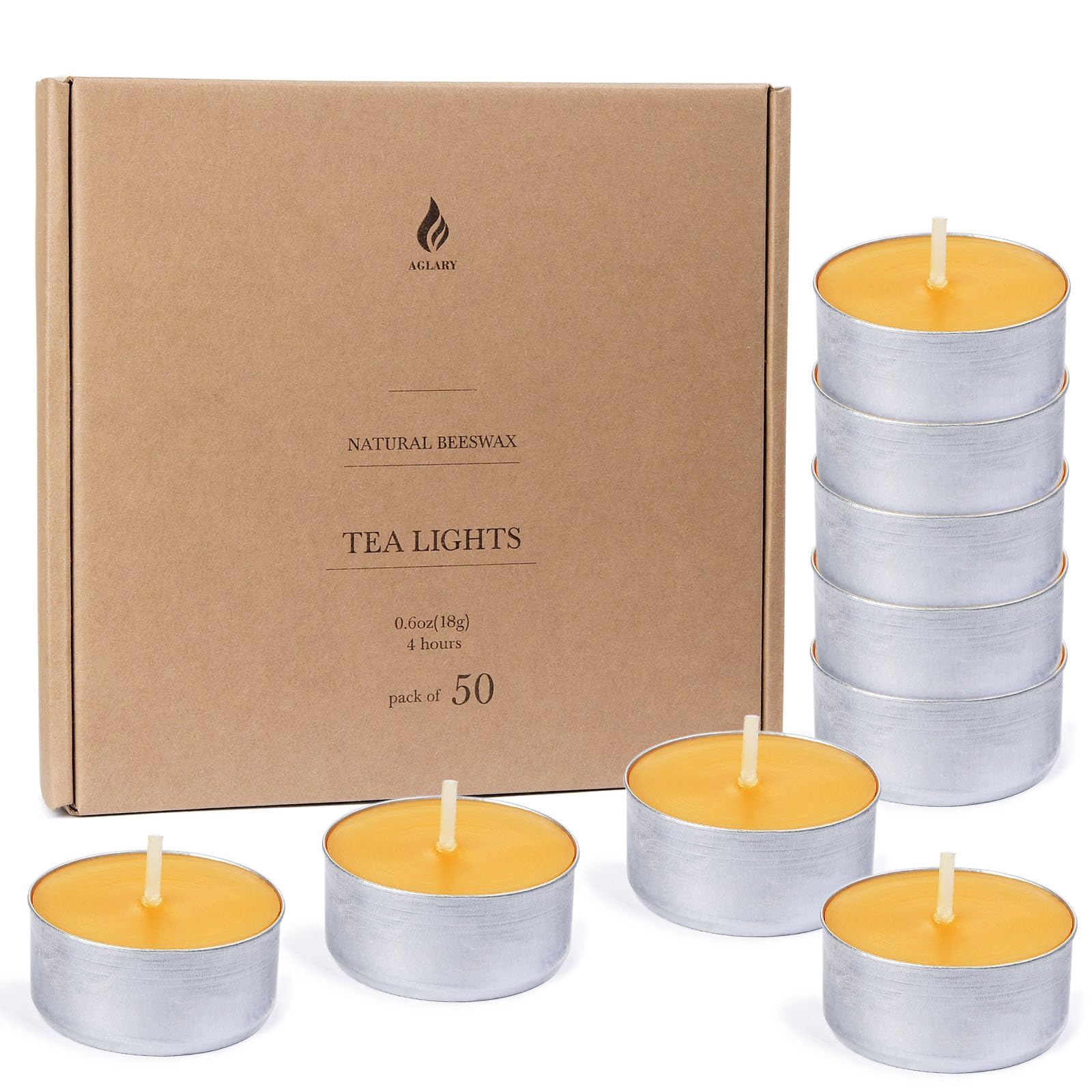 AGLARY 50-pack beeswax tealights in aluminum cups provide clean ambience for dinners.