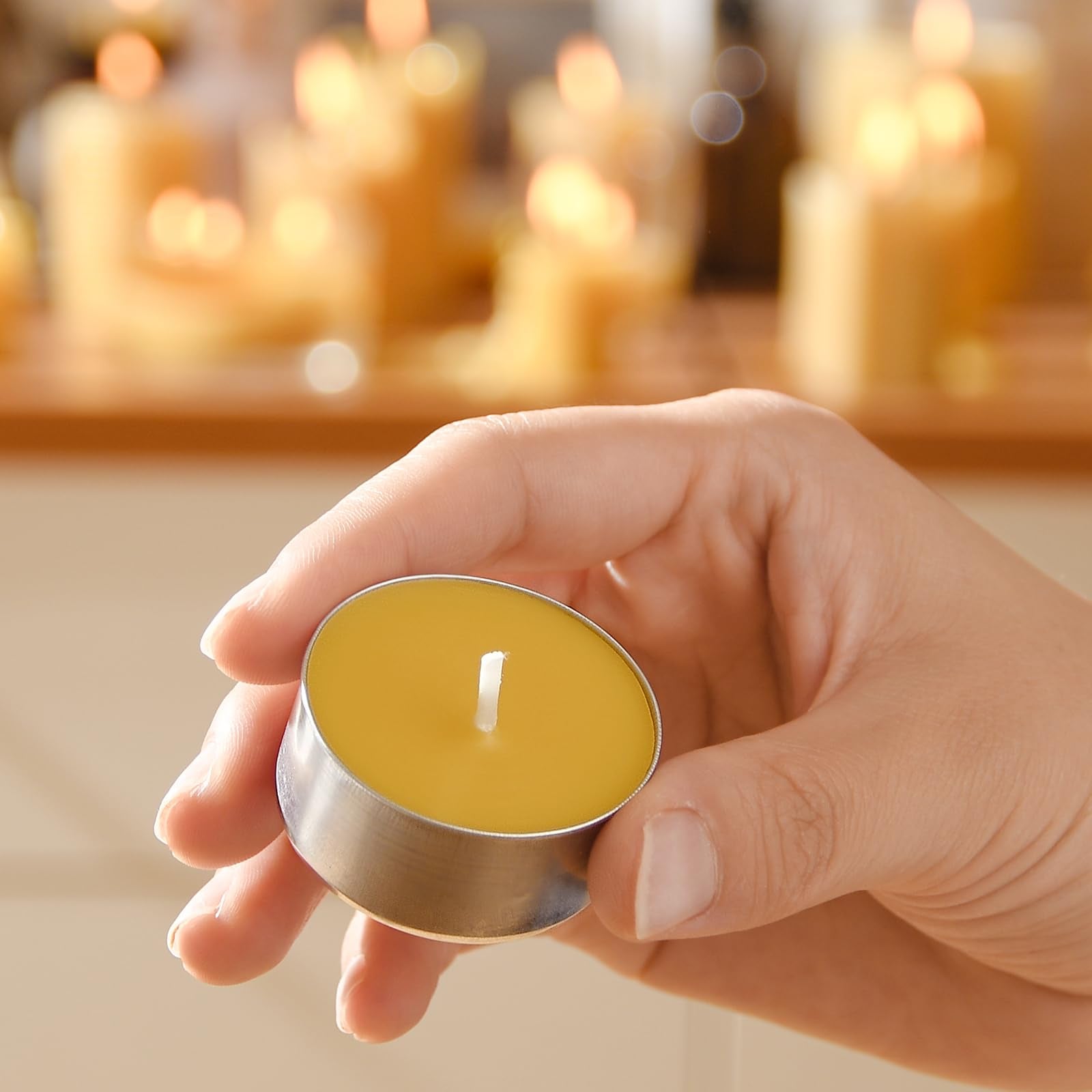 AGLARY tealights with reusable aluminum cups prevent spills and simplify recycling.