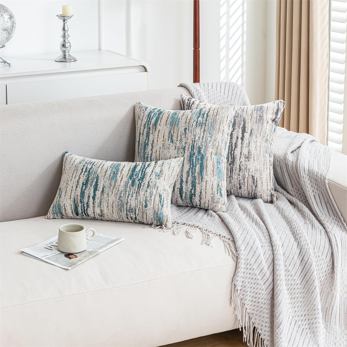 AGOKABA abstract watercolor stripe design elevates modern bedroom styling.