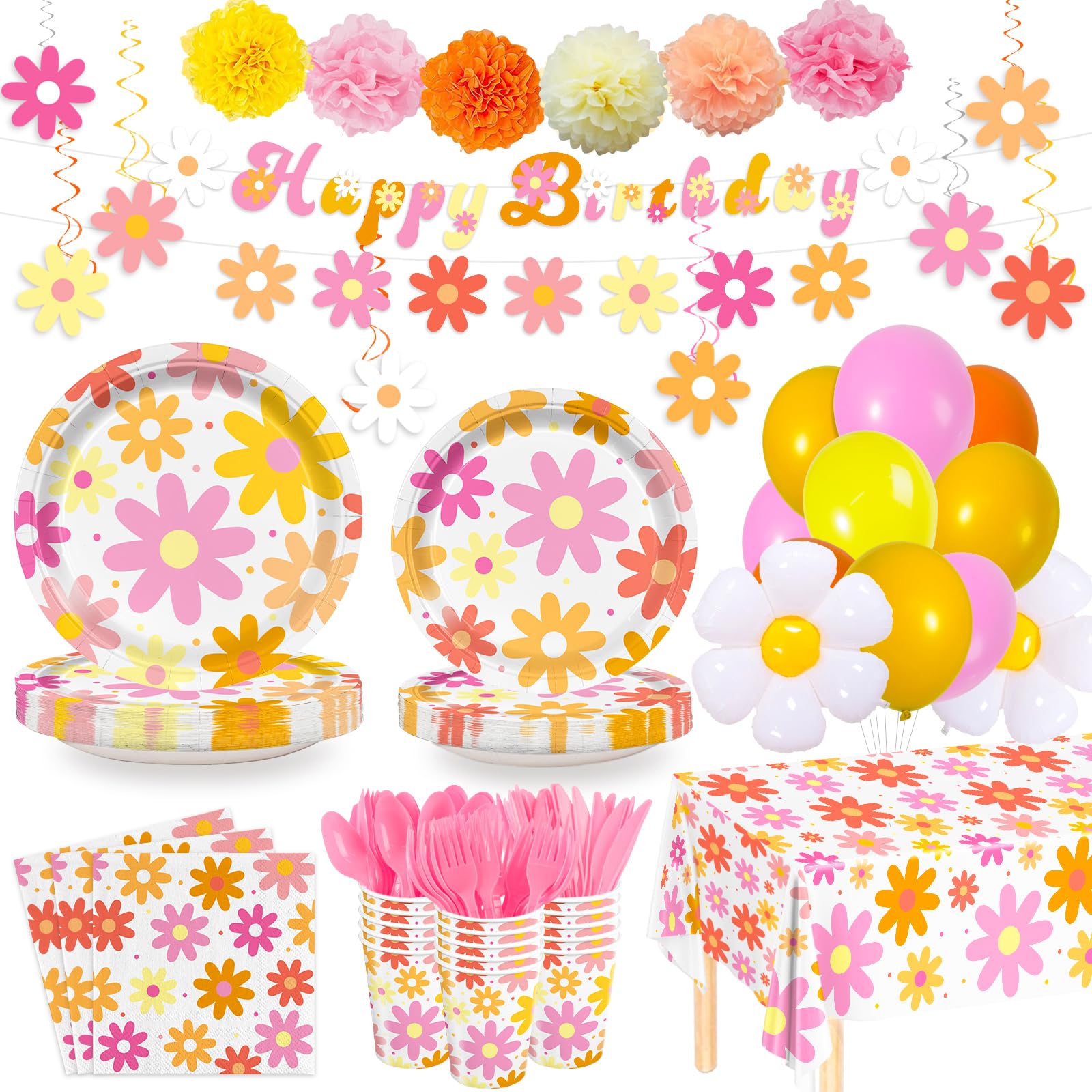 AGoooodySet groovy daisy tablecloth brightens a 24-guest party setup