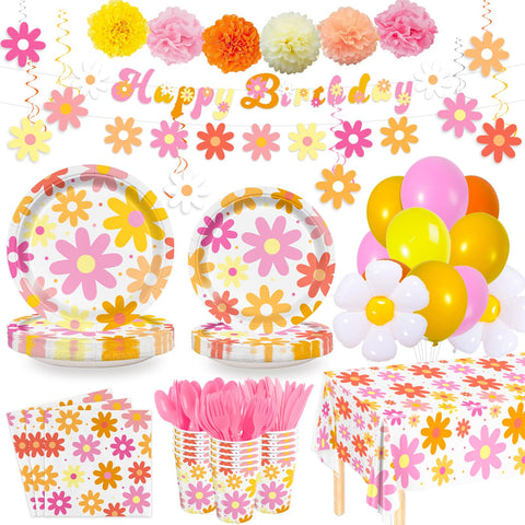 AGoooodySet groovy daisy tablecloth brightens a 24-guest party setup
