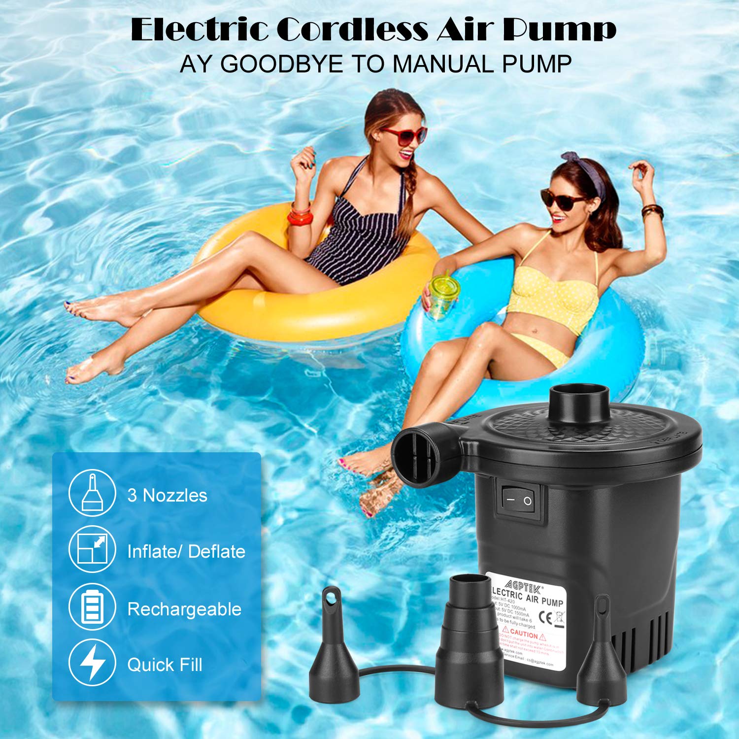 AGPTEK inflating a pool toy with the large nozzle.