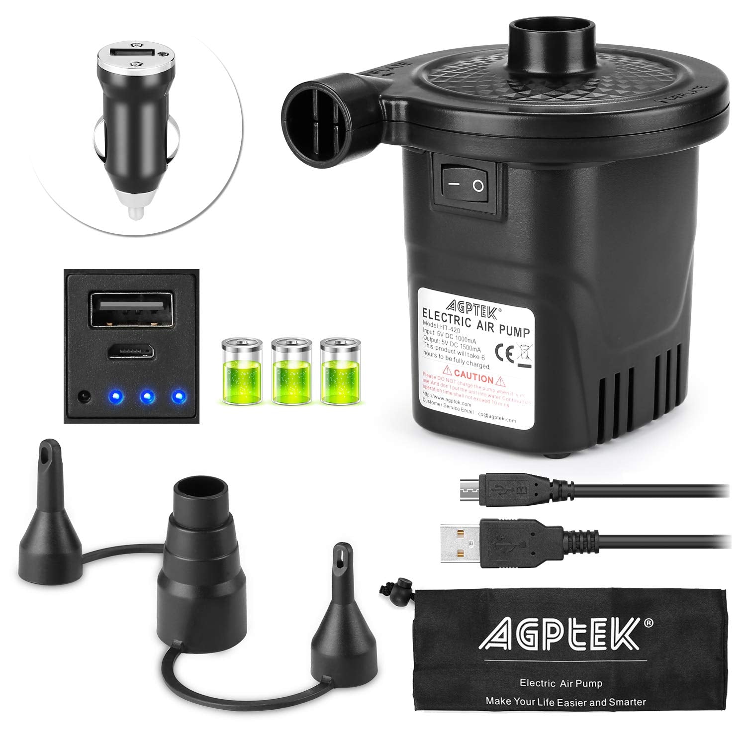 AGPTEK rechargeable air pump, front view, compact design for easy portability.