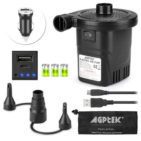 AGPTEK rechargeable air pump, front view, compact design for easy portability.