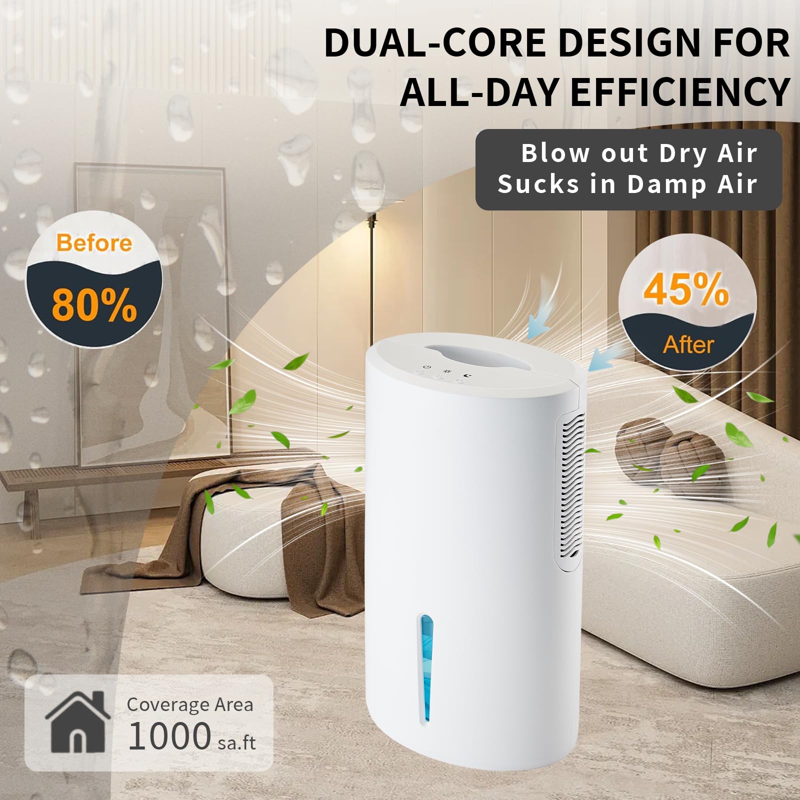 AGRUOO dehumidifier with 68oz tank and auto shut-off for easy maintenance.