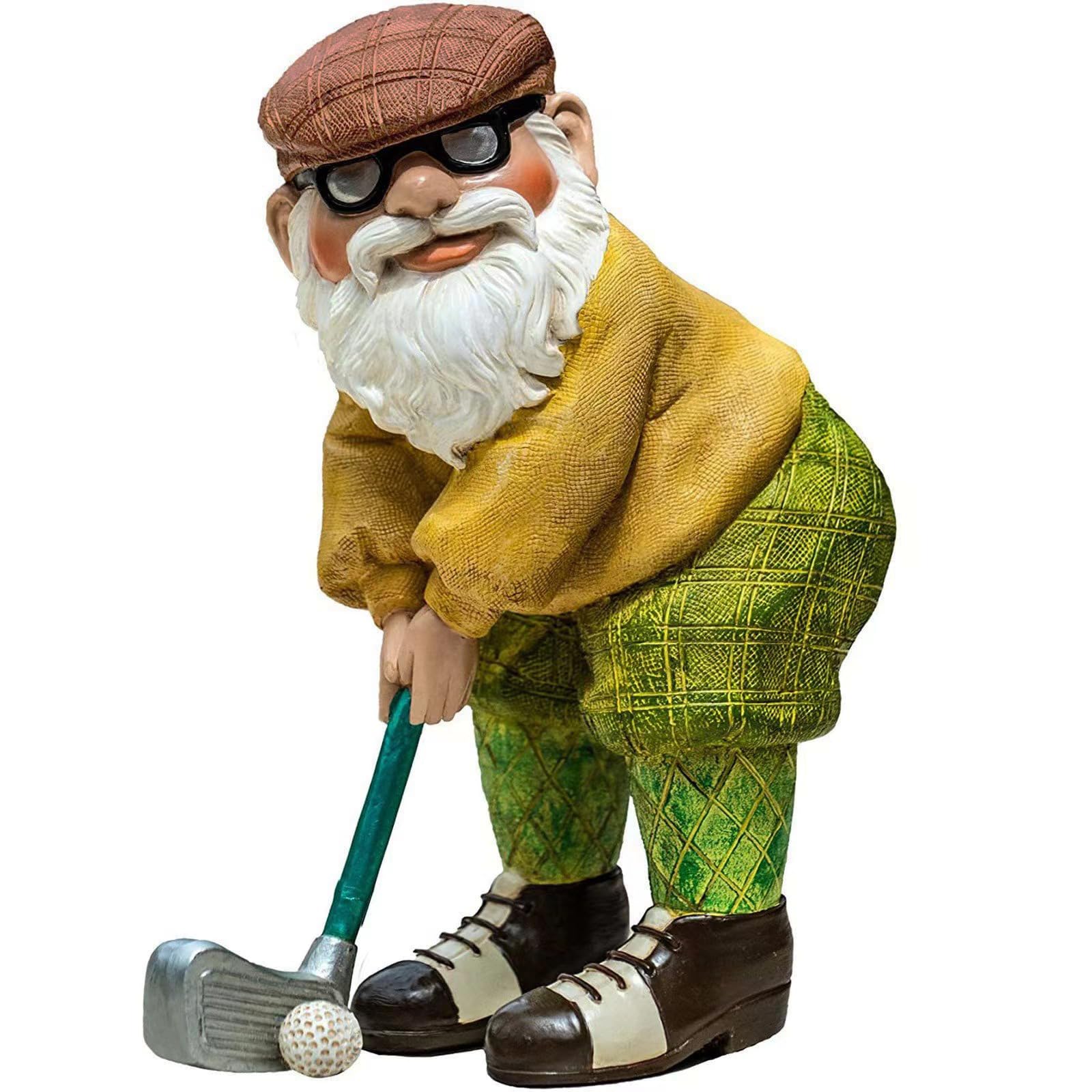 Ahbuohe Garden Golfing Gnome figure outdoors adding whimsical charm to a lawn