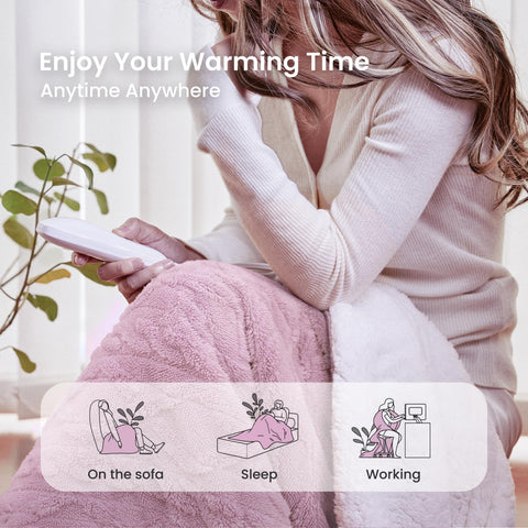 Aheadpret pink heated blanket on a couch creating a cozy lounging scene