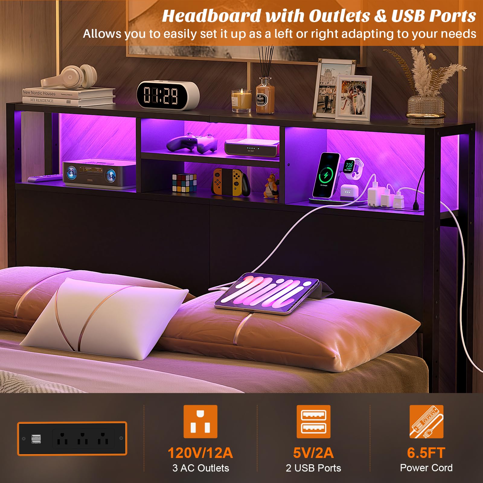 Aheaplus headboard charging station with outlets and USB ports for bedside charging.