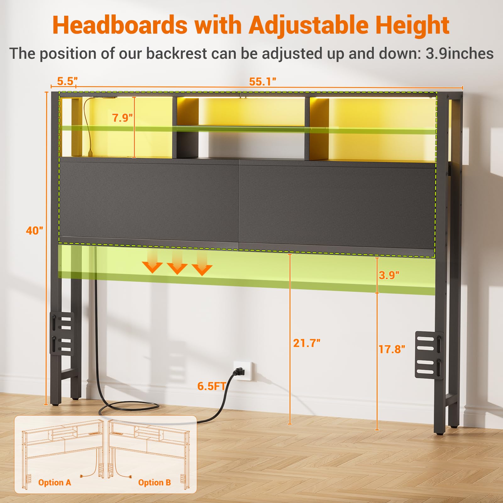 Aheaplus headboard height-adjustable to fit beds.