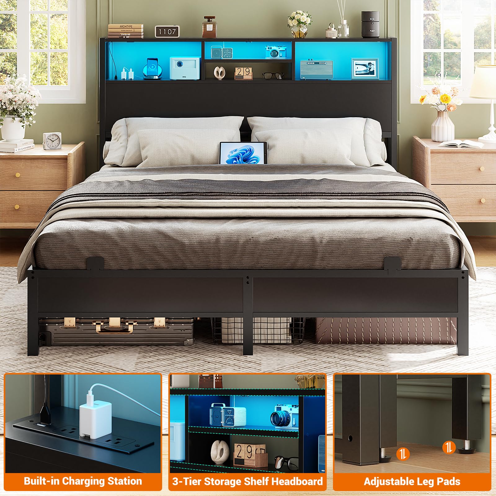 Aheaplus headboard with three-tier storage for organized items.