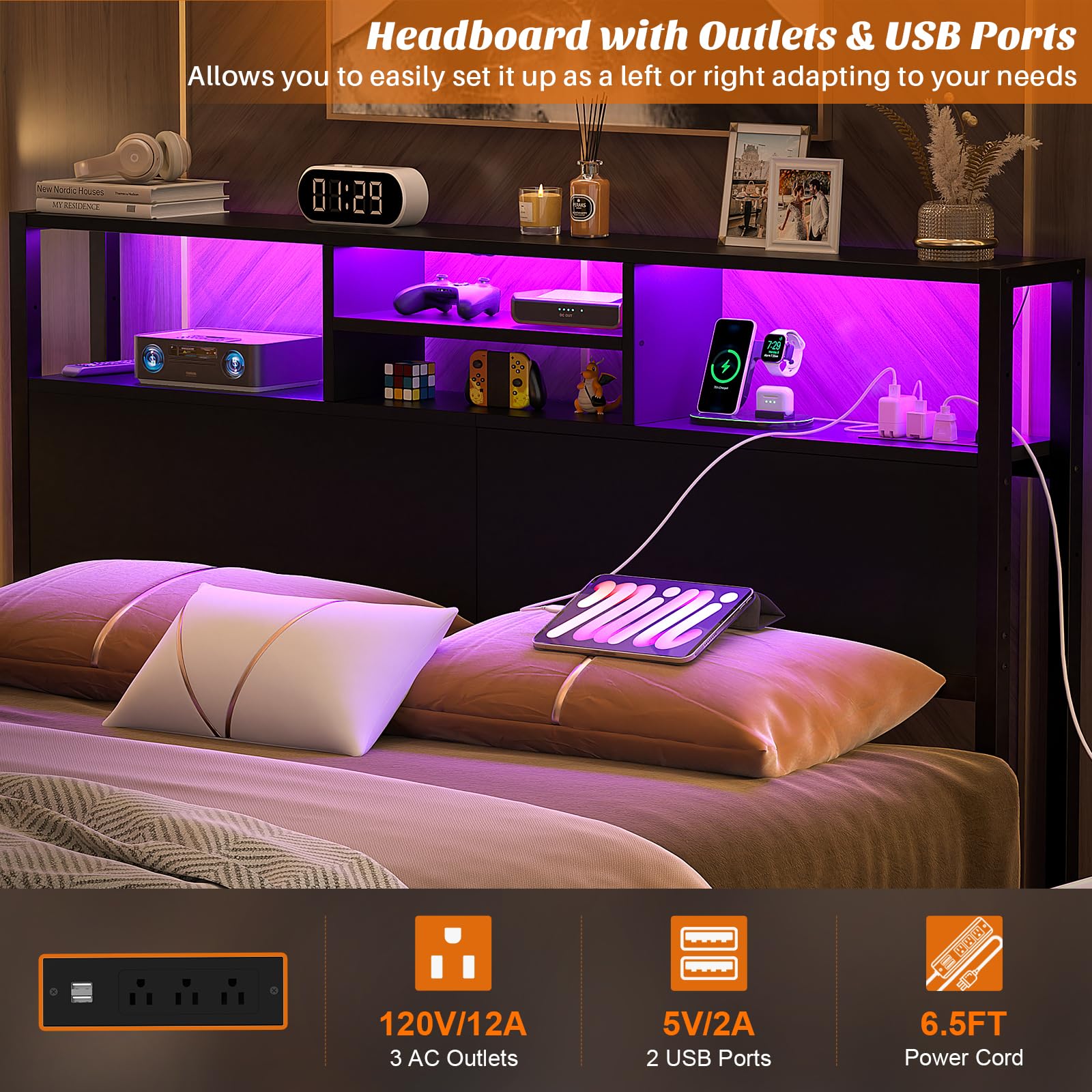 Aheaplus headboard with USB ports and outlets for convenient charging.