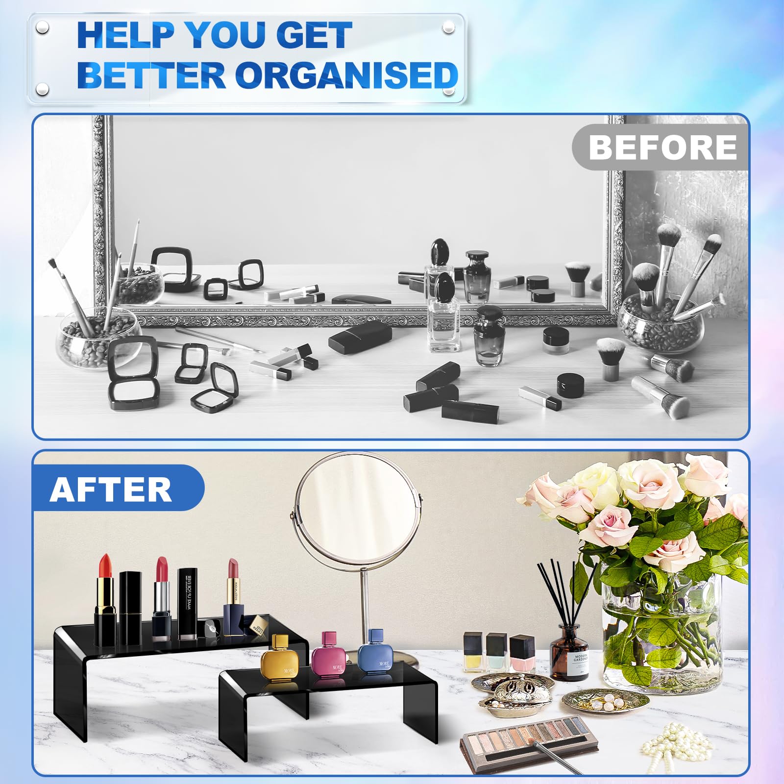 Aheroi acrylic risers 8-66inch setup elevating toys, cosmetics, and treats for easy viewing.