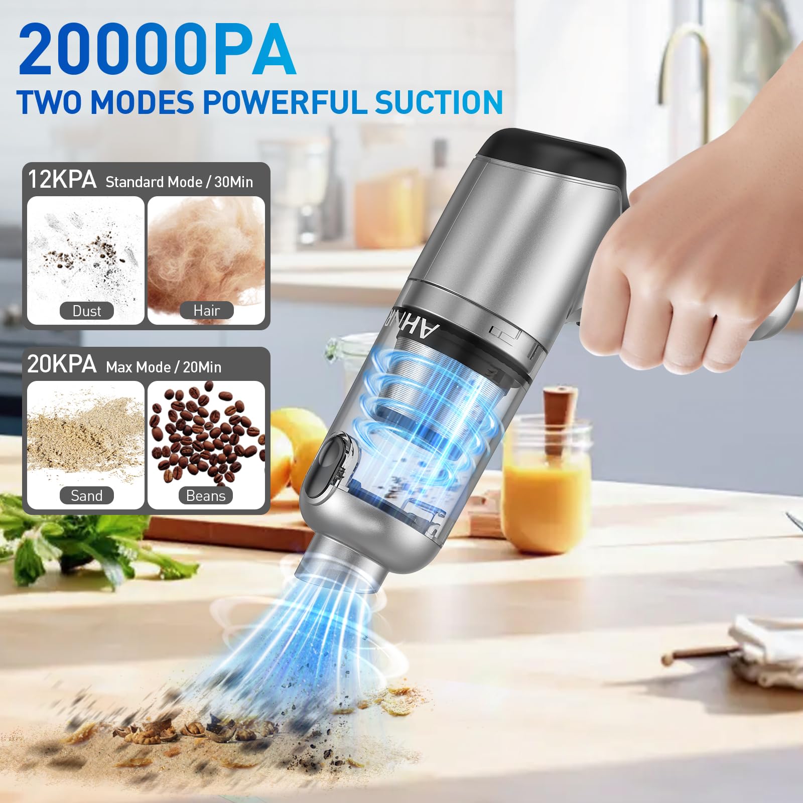 AHNR cordless car vacuum with 3-in-1 accessories for versatile cleaning in tight spaces.