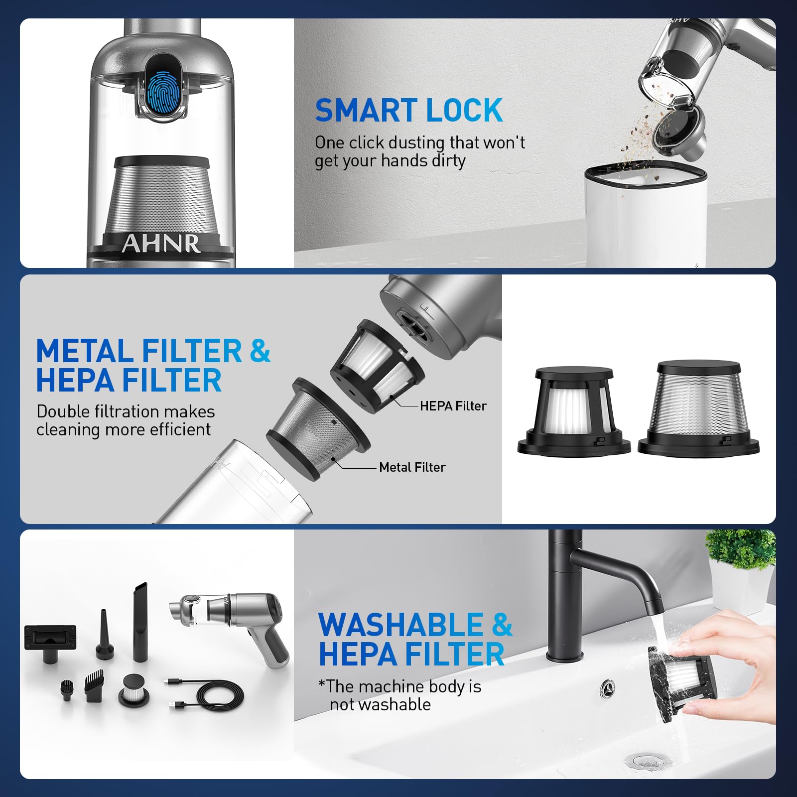 AHNR ergonomic, lightweight handheld vacuum designed for comfortable single-handed use.