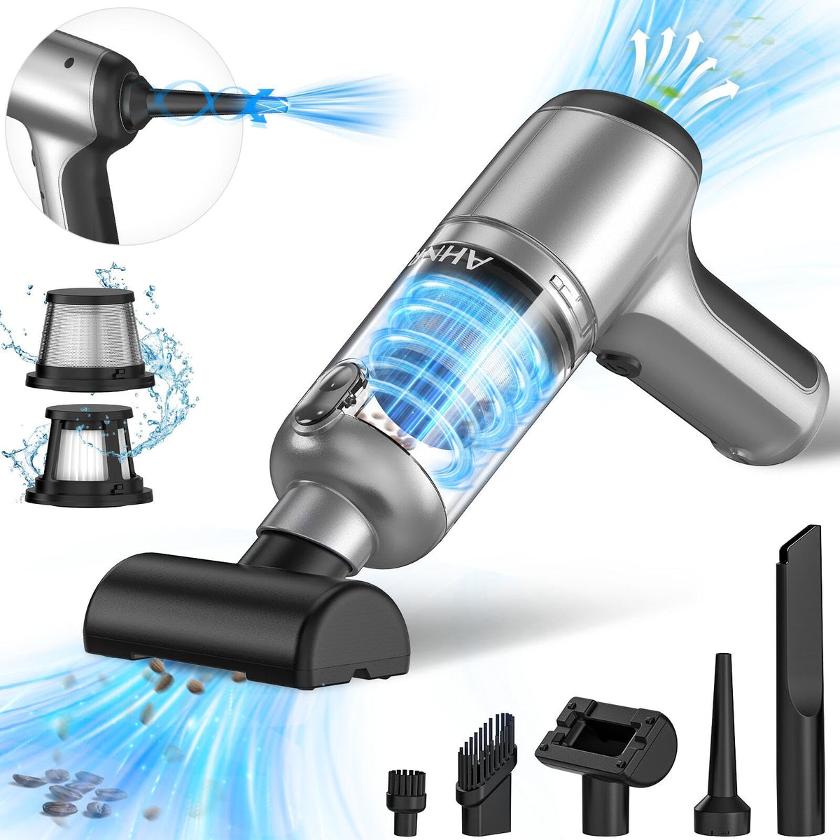 AHNR cordless car vacuum front view highlights compact design for easy storage.