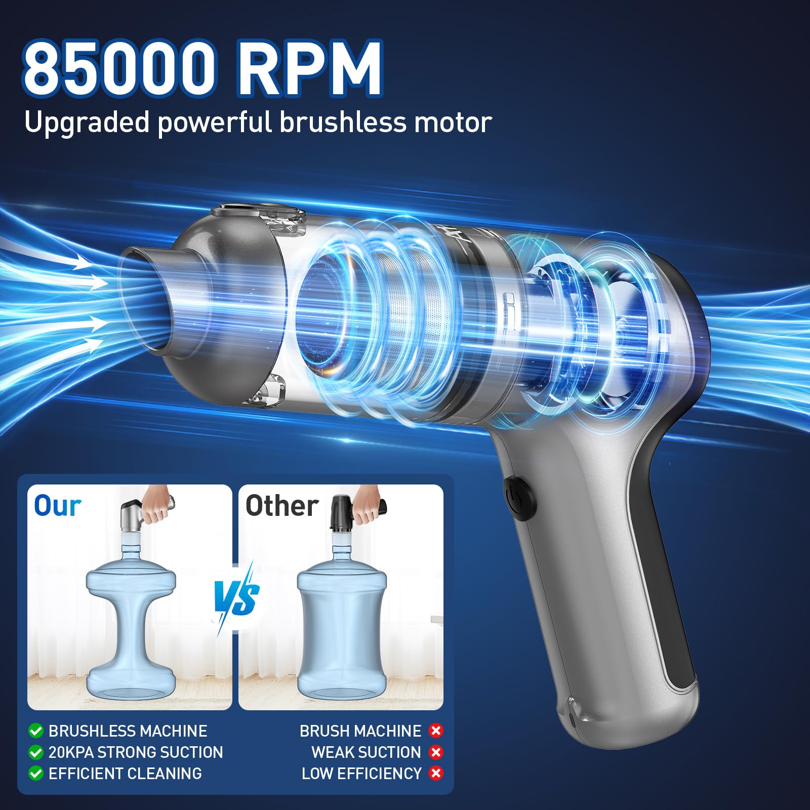 AHNR cordless car vacuum showcasing 20000pa suction power for deep cleaning.