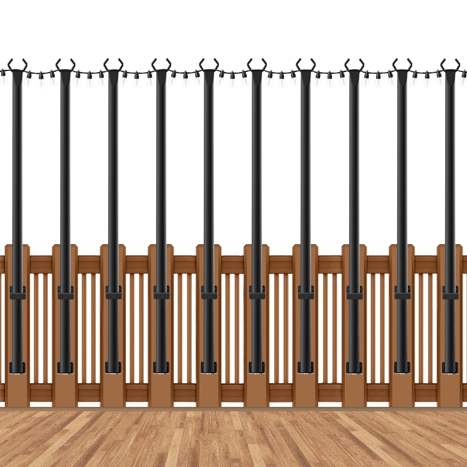 AHRLHR 10-pack string light poles arranged on a deck for stable outdoor lighting