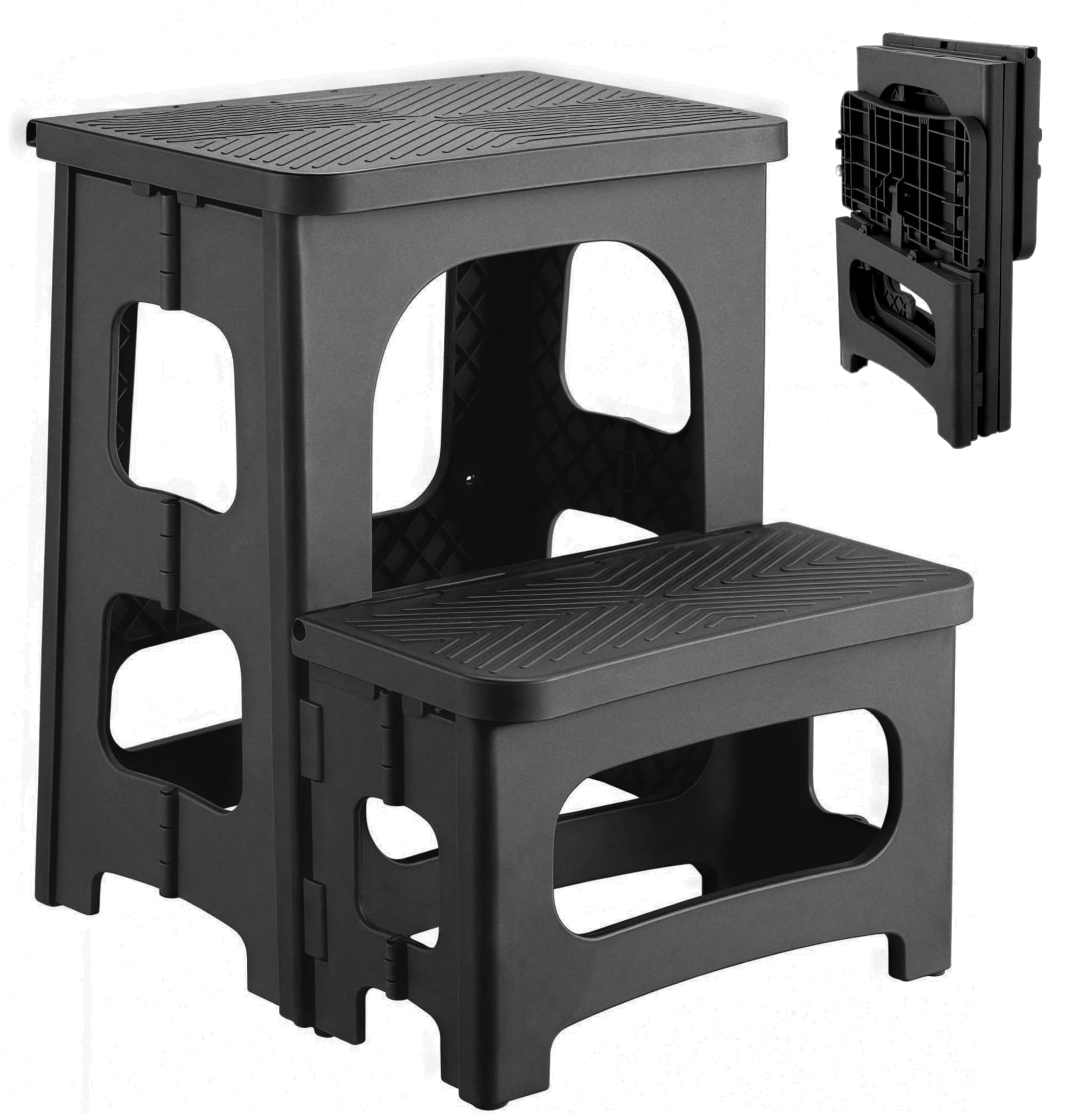 Ahxuvan 2-step stool folded for space-saving storage.