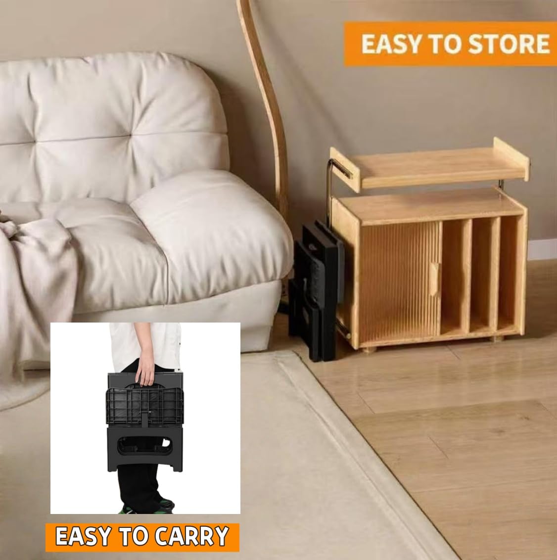 Ahxuvan folding stool stored flat under a bed or behind a door.
