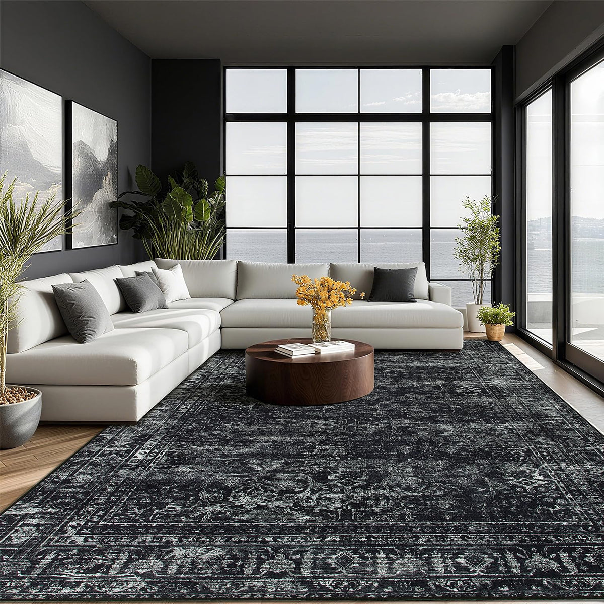 AiAngu 8x10 living room rug with a soft surface and modern black finish.