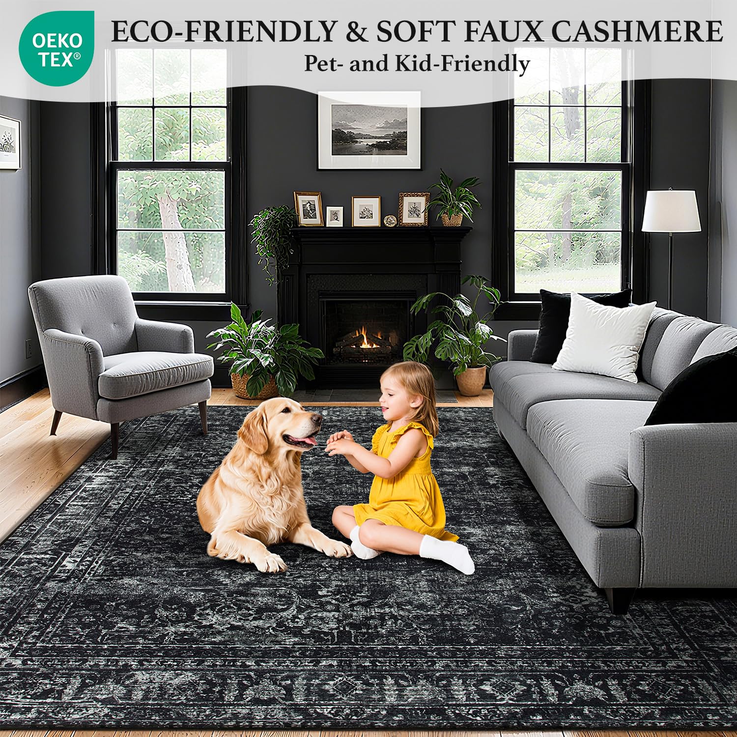 AiAngu vintage black rug adds warmth and character to bedrooms and dining rooms.