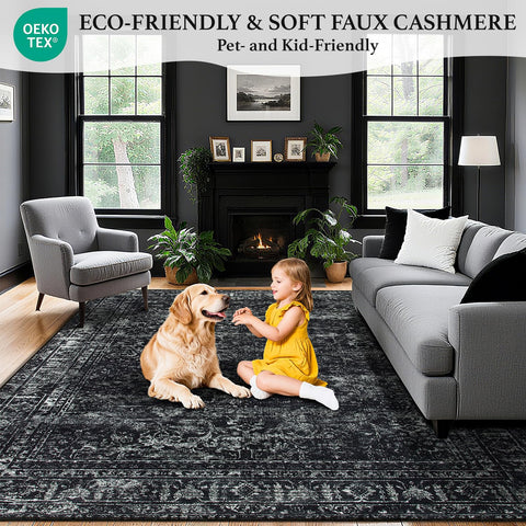 AiAngu vintage black rug adds warmth and character to bedrooms and dining rooms.