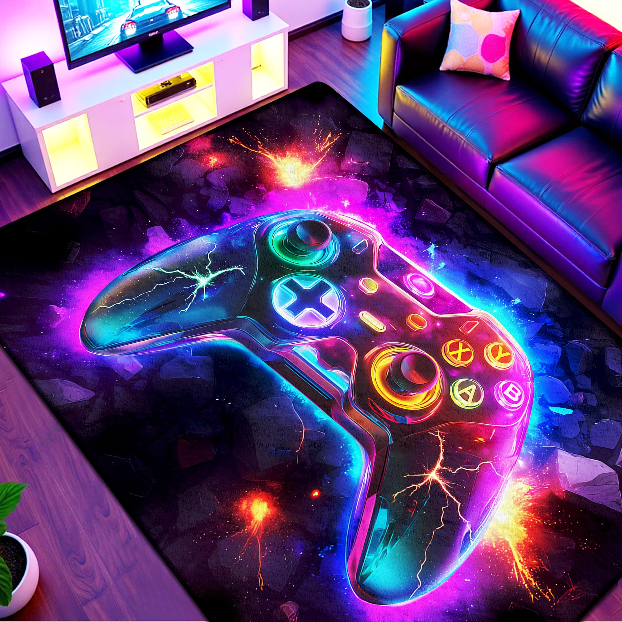 AICLIV neon gaming area rug with bold 5x7 design, ideal for teen gamer zones.