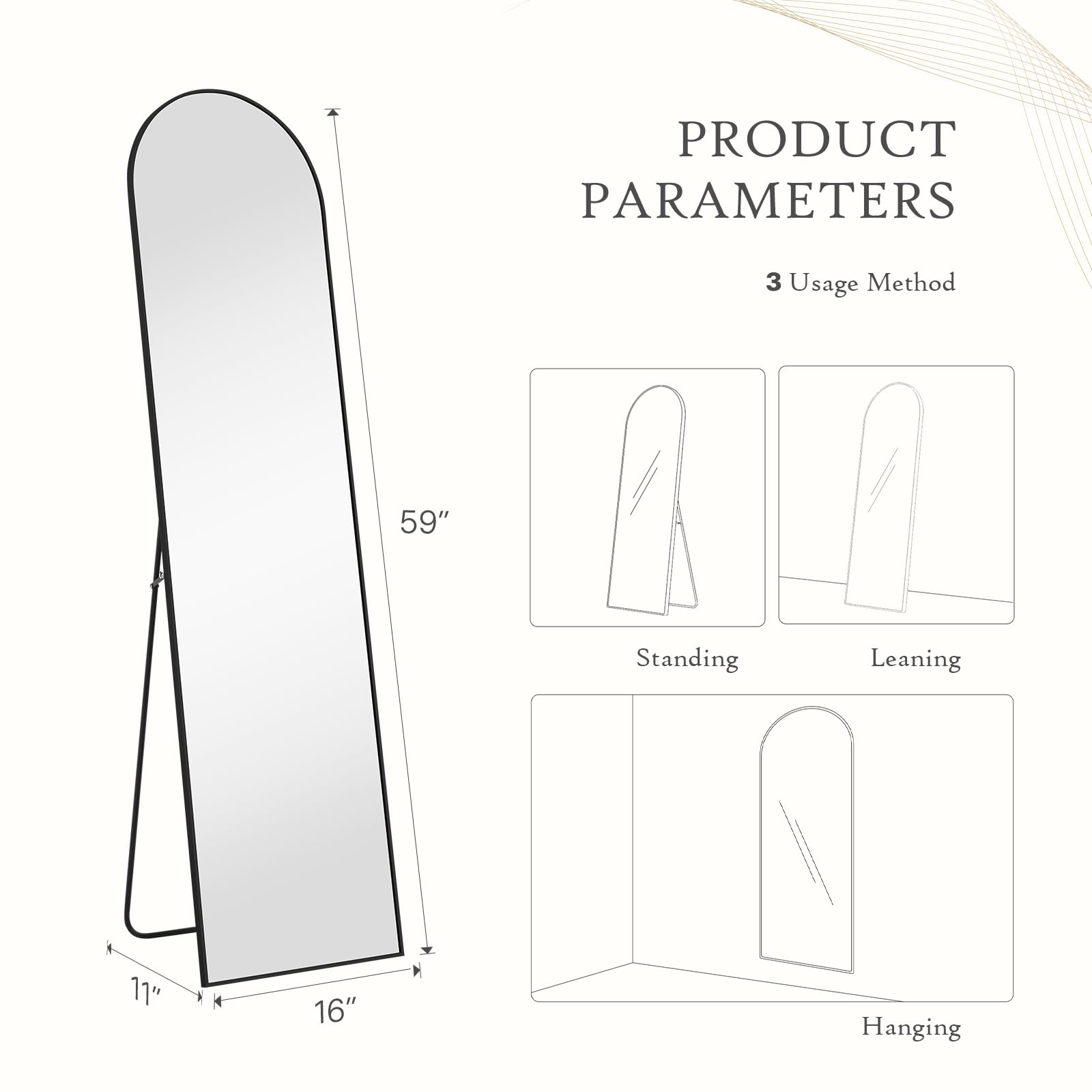 Aidoly Arched Mirror aluminum frame close-up highlights modern finish.