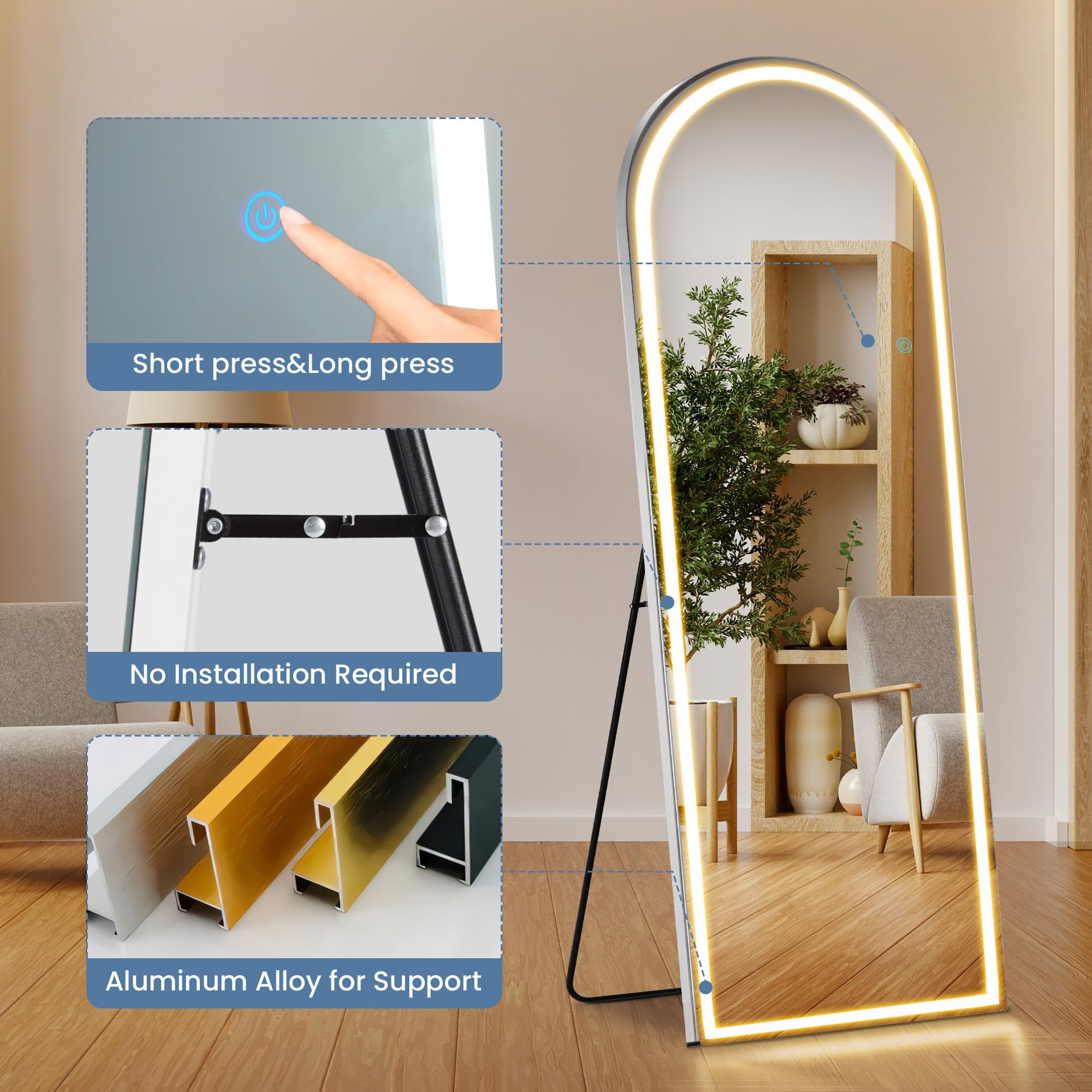 Flexible mounting options include stand tilt, wall mount, or lean installation.
