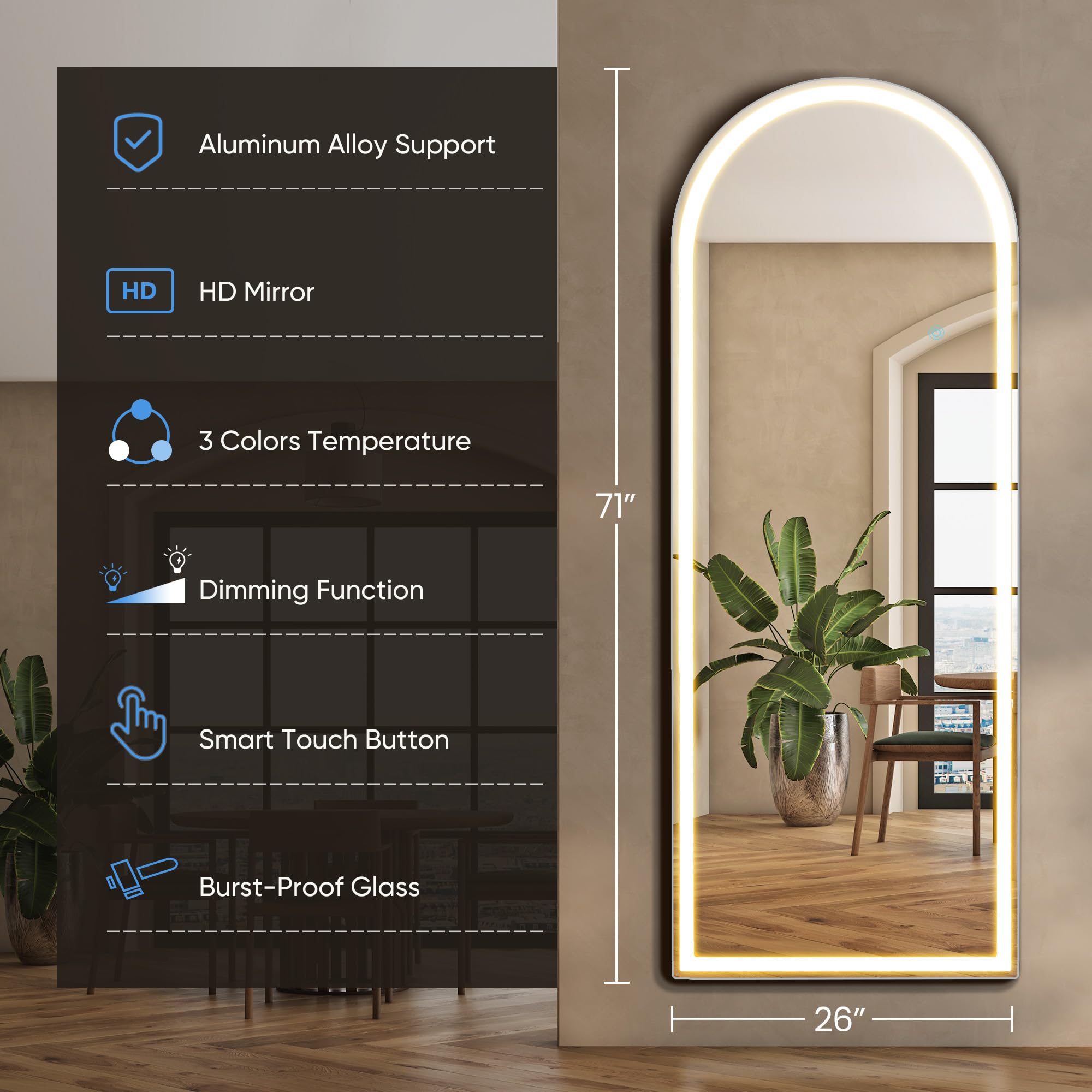 Aidoly LED mirror displays three color modes for task lighting and ambiance.