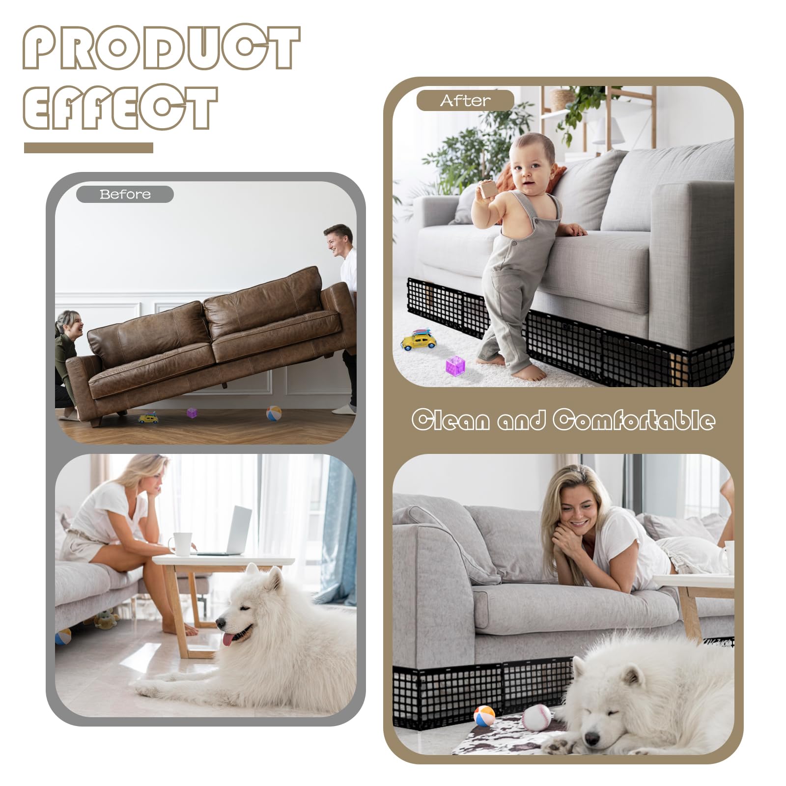 Aifong pet barrier in use to prevent pets from accessing under the couch.