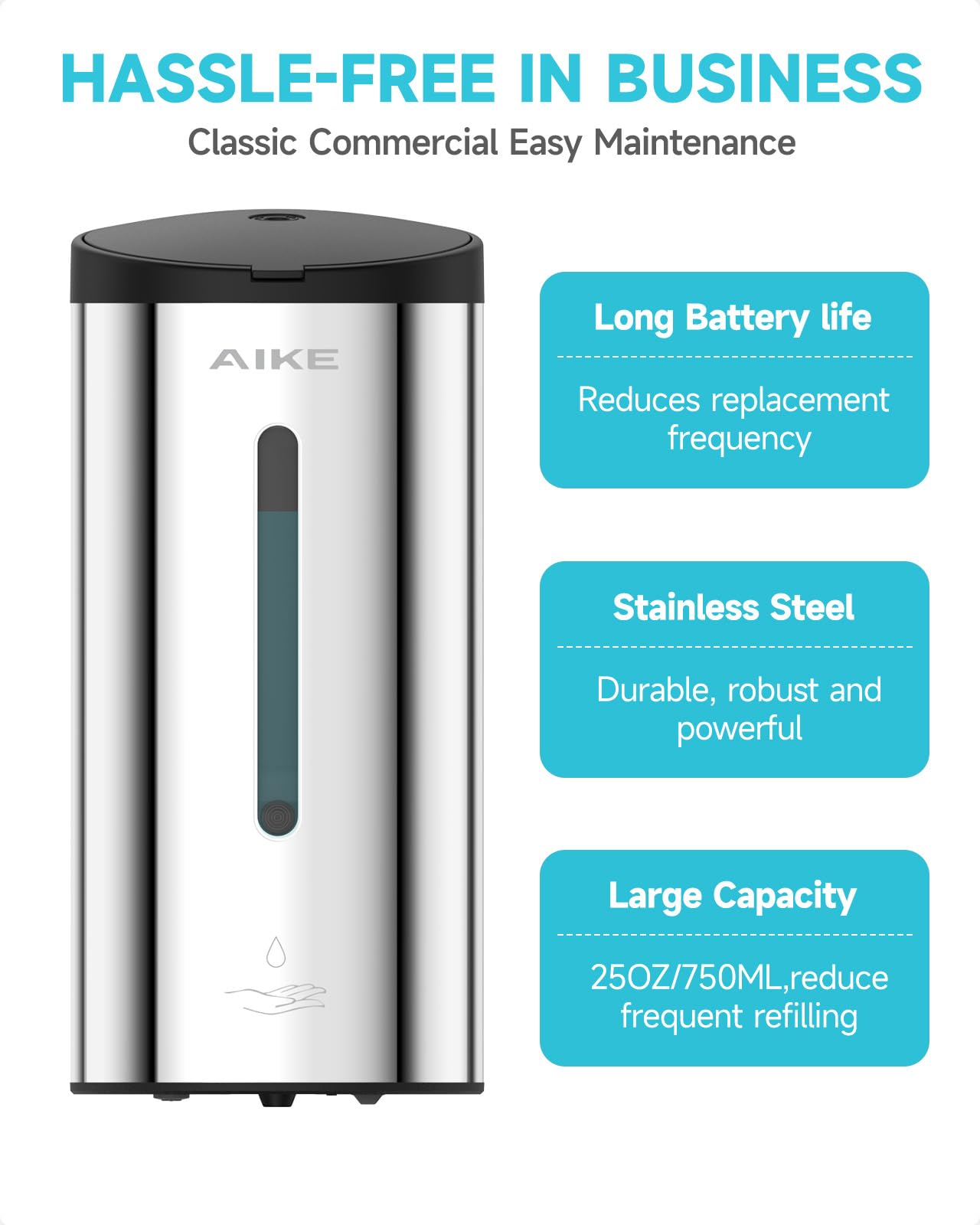 AIKE 25oz large-capacity stainless steel dispenser demonstrates readiness for busy spaces.