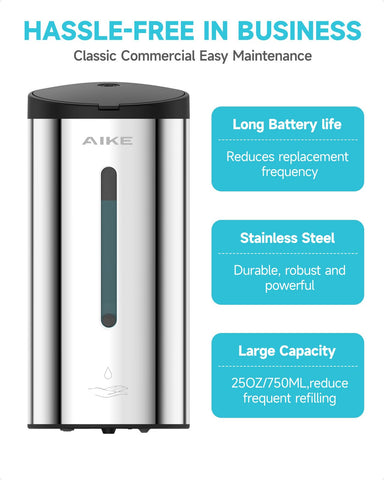 AIKE 25oz large-capacity stainless steel dispenser demonstrates readiness for busy spaces.