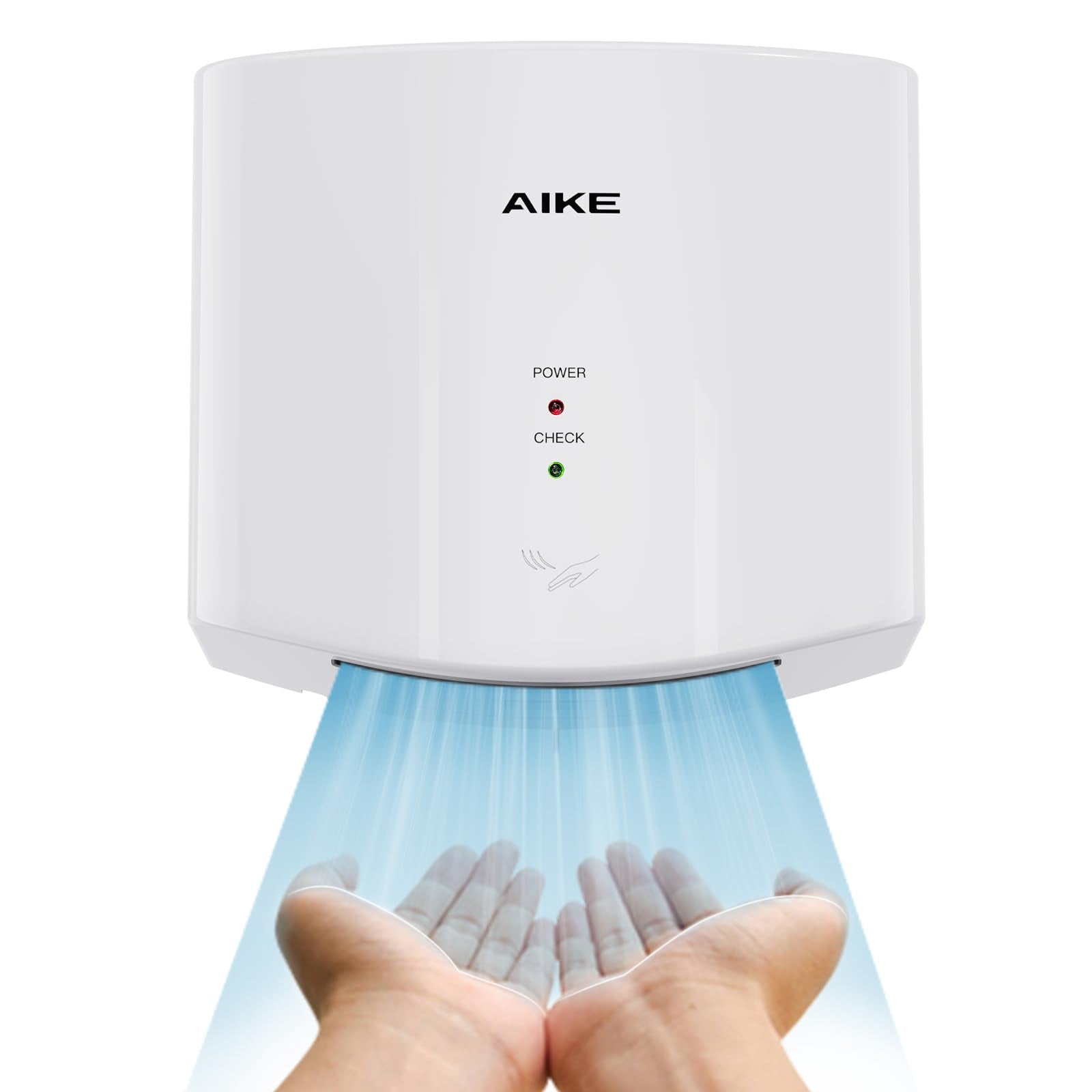 AIKE Air Wiper compact hand dryer front view, showcasing quick drying for high-traffic restrooms.