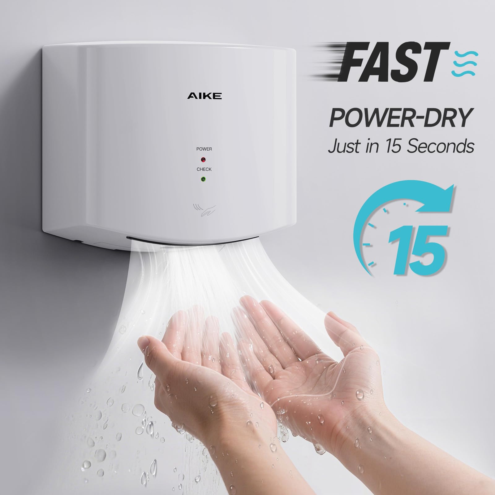 AIKE Air Wiper compact hand dryer side view, emphasizing compact footprint for limited spaces.