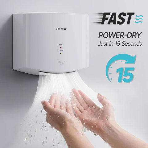 AIKE Air Wiper compact hand dryer side view, emphasizing compact footprint for limited spaces.