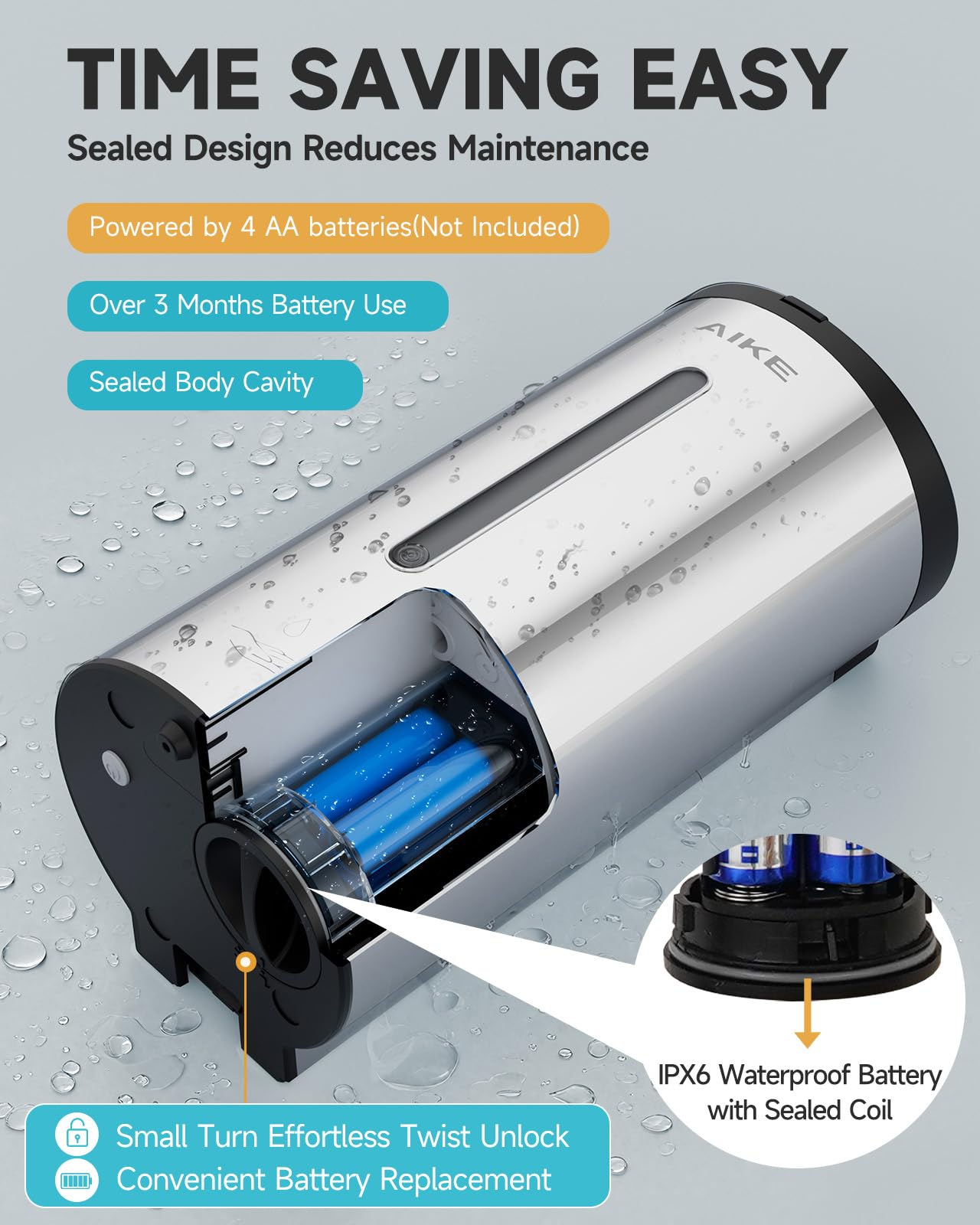 AIKE battery-compartment waterproof cavity close-up emphasizes reliable performance and easy maintenance.