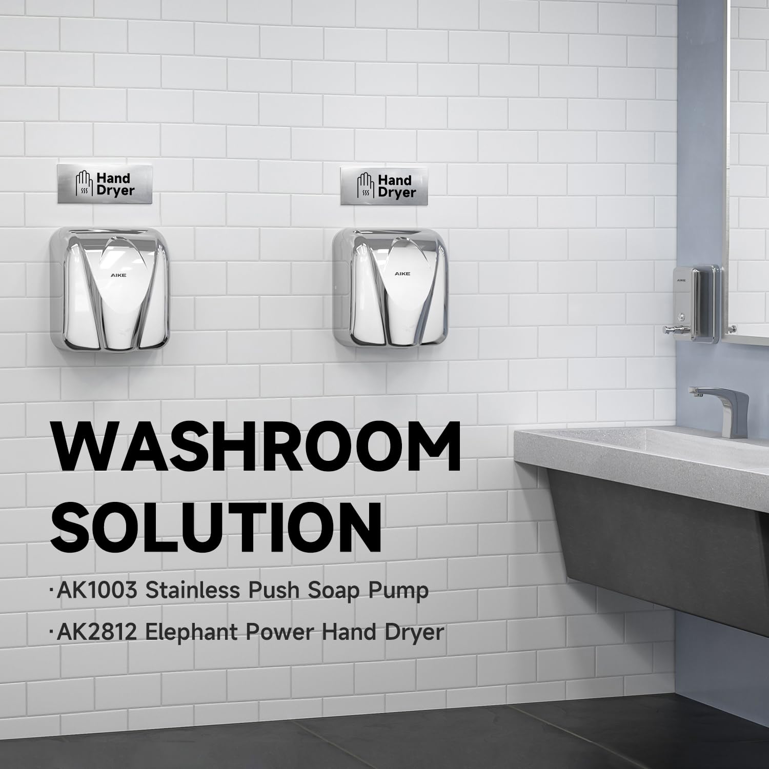 AIKE Elephant Power nozzle highlights powerful airflow for fast hand drying.