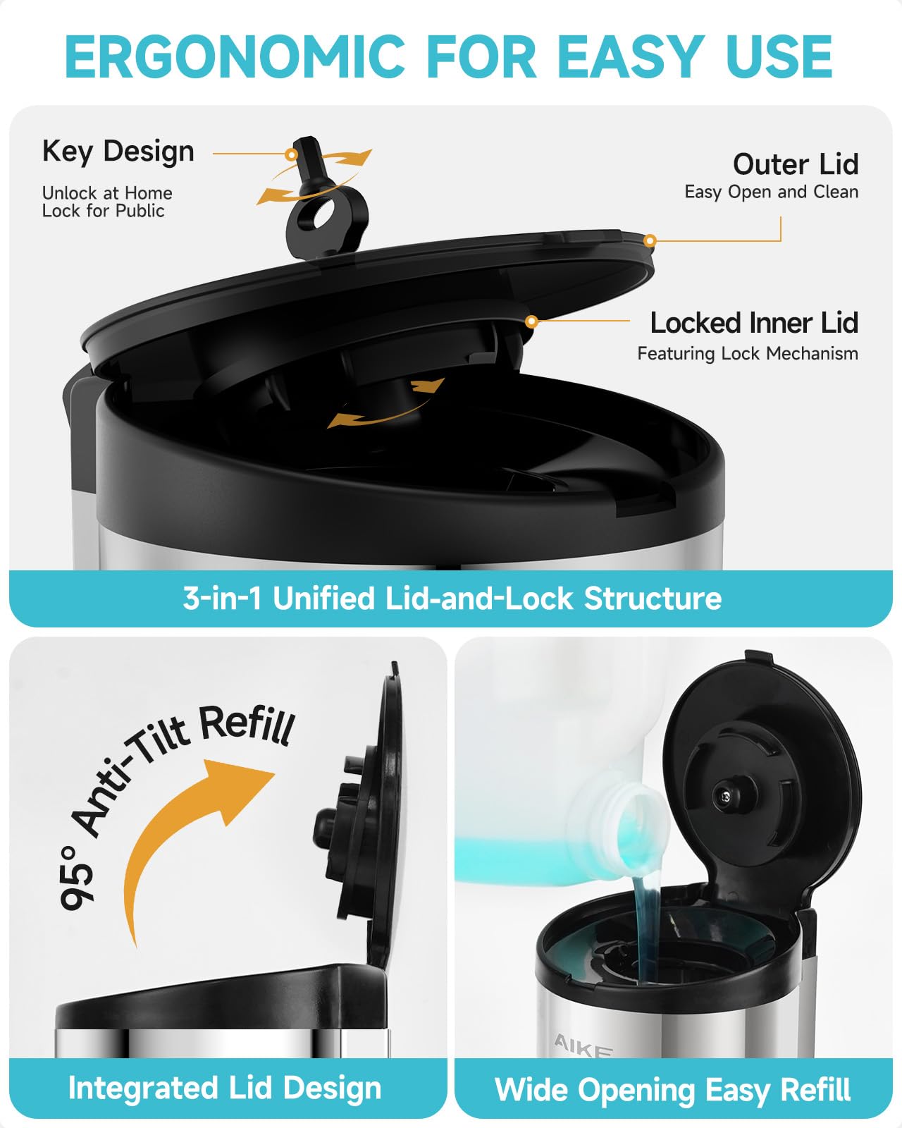 AIKE lid-lock mechanism close view shows a 3-in-1 lock system to prevent spills.