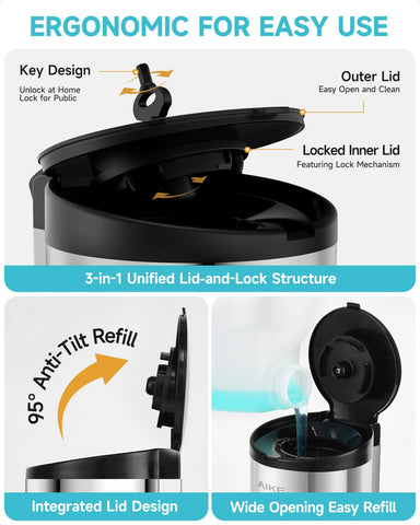 AIKE lid-lock mechanism close view shows a 3-in-1 lock system to prevent spills.