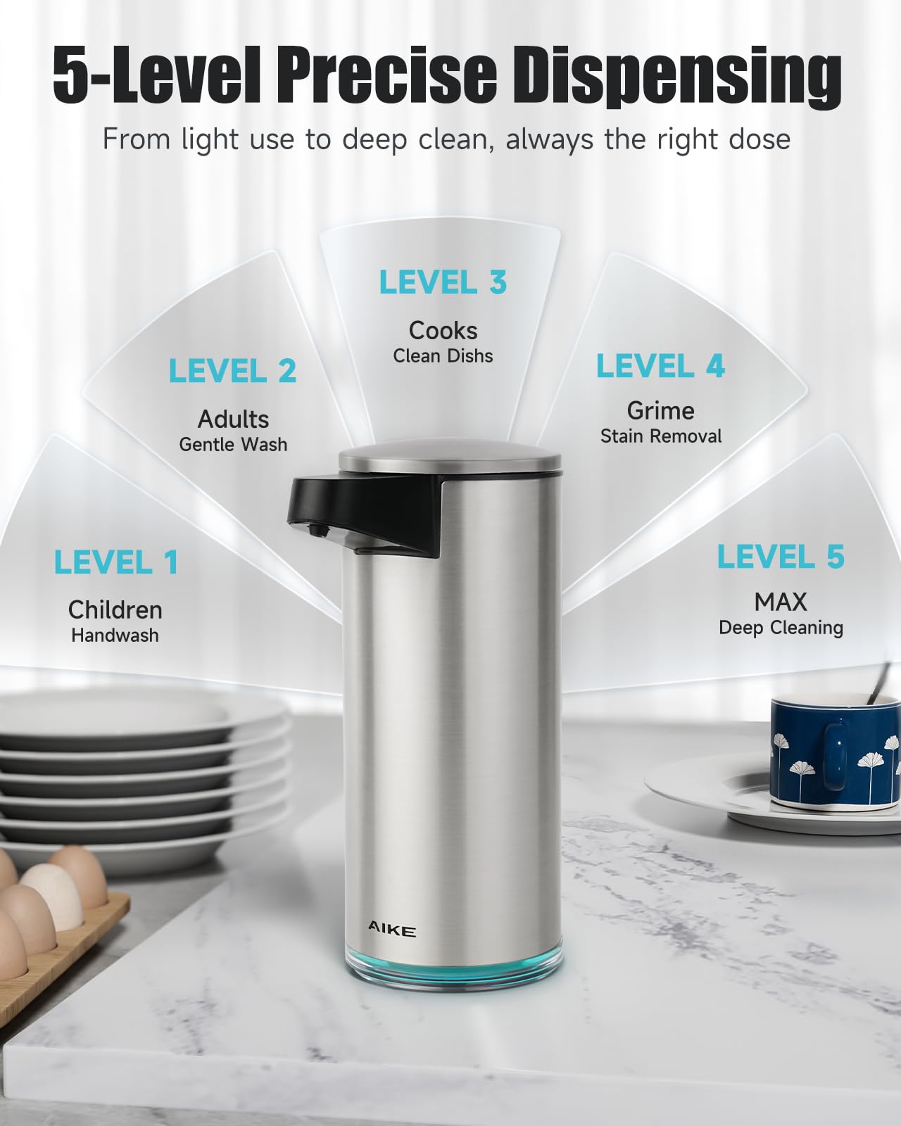 AIKE SensePro five-level dispense provides precise portions.